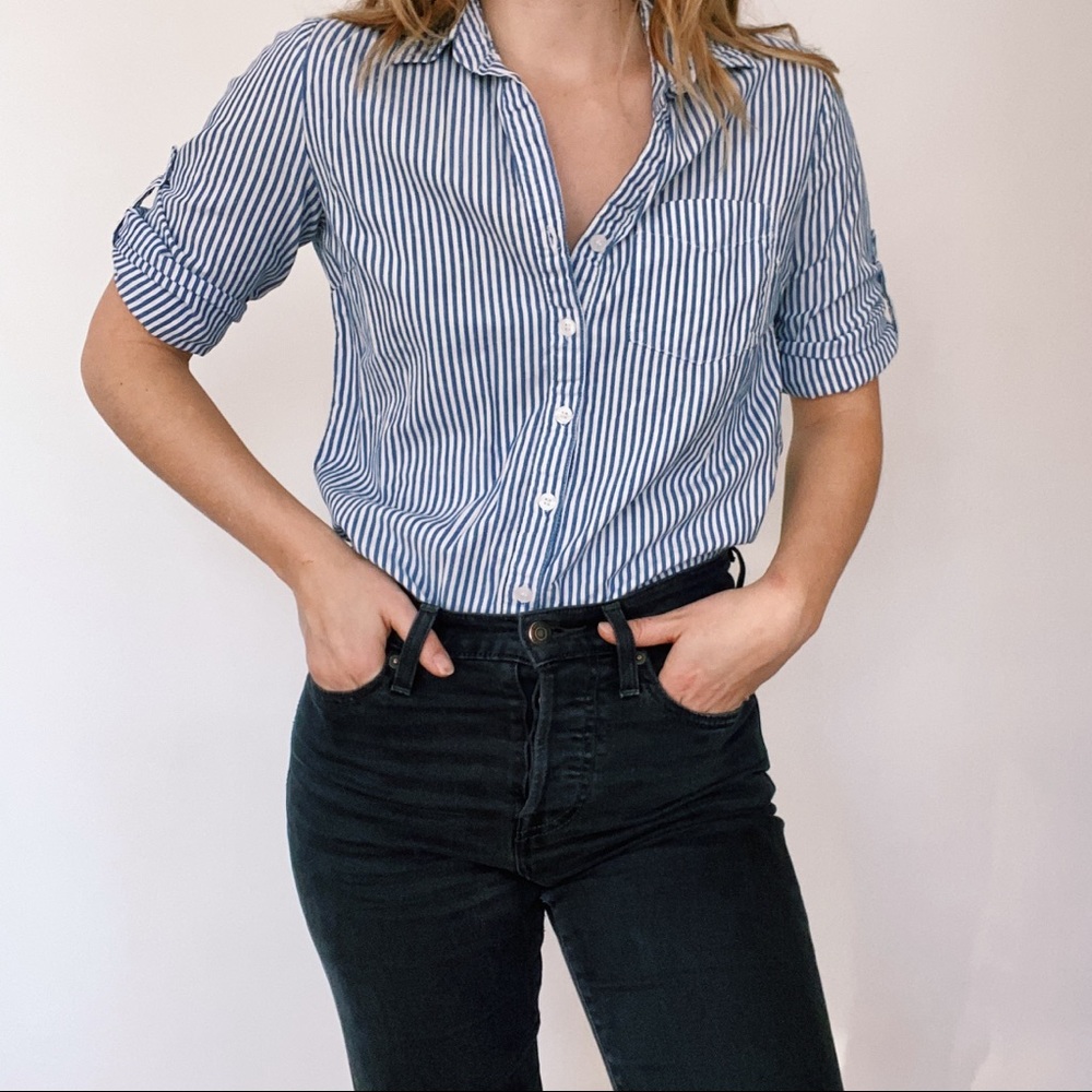 100% Cotton blue and white striped button up shirt